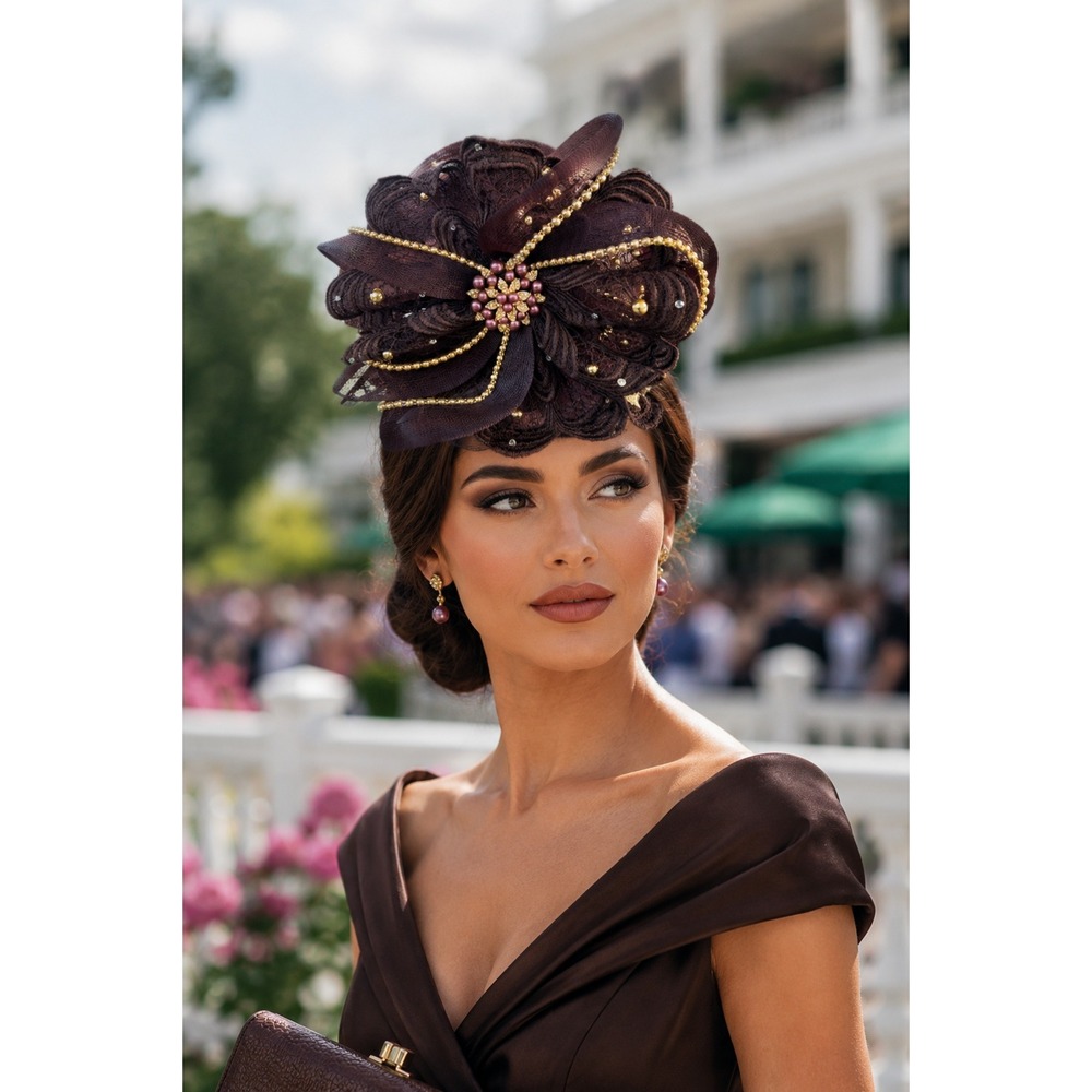 Ms Divine Brown Felt Pillbox Hat Lace Gold Beads Floral Fascinator Church 58cm